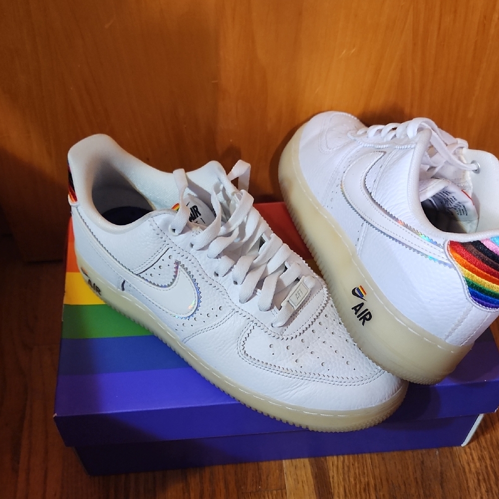 White Nike Air Sneakers with Rainbow Accents